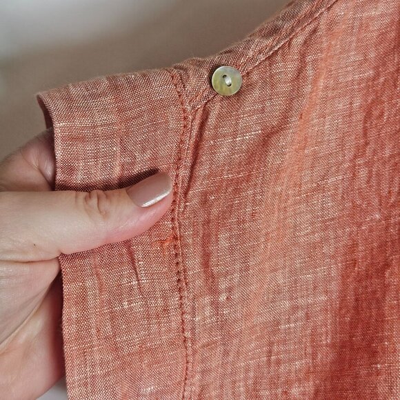 Isaac Mizrahi Linen V-Neck Top Roll Tab Sleeve Lagenlook Boxy Coral Natural L - Picture 5 of 9